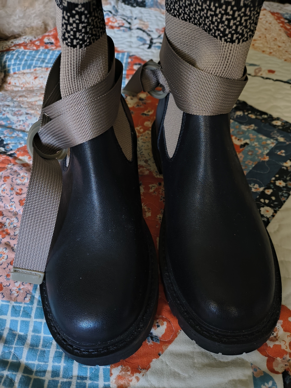 Black Leather Ankle Boots with Knit Upper And Taupe Wrap Straps